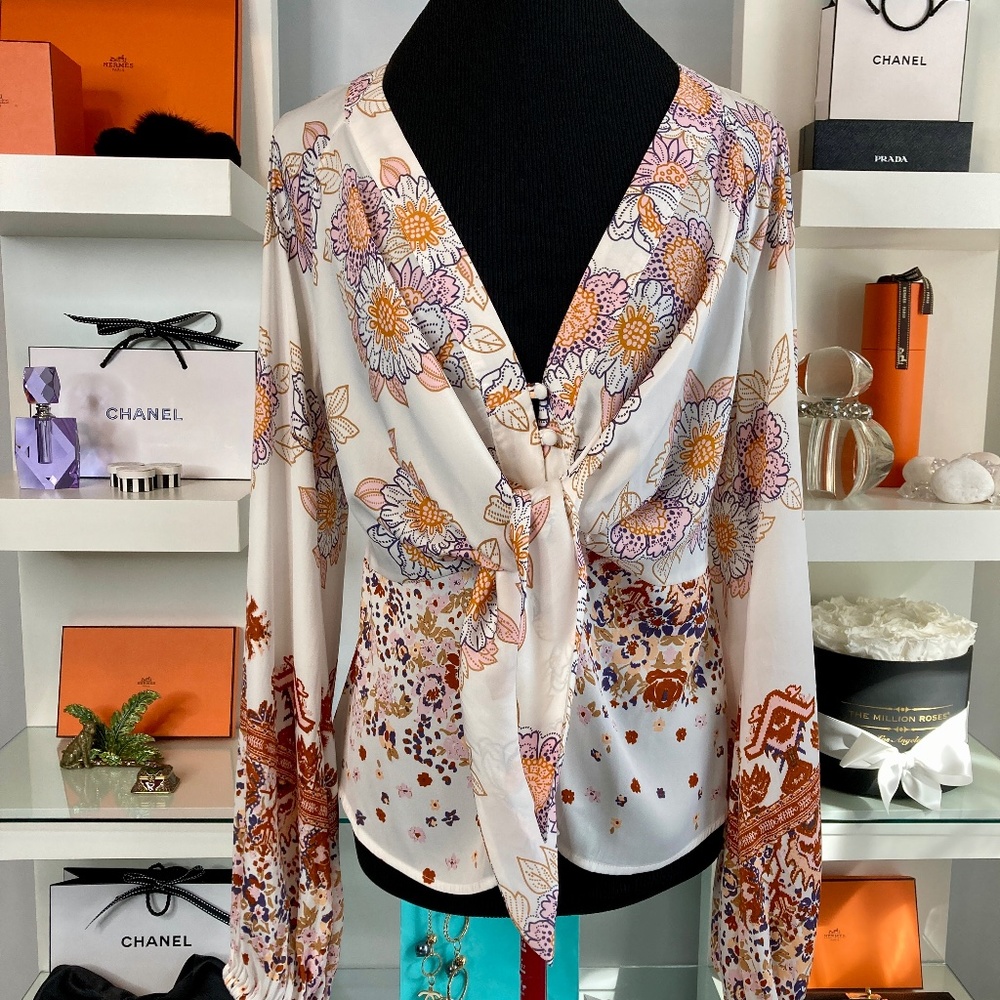 Free People Ivory Floral Tie-Front Blouse with Lavender and Mustard Accents
